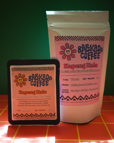Barkada Coffee Kapeng Halo (which translates to a "Coffee Mix" blend) with peach-colored labels on a green backdrop and orange checkered background